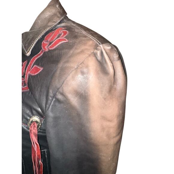 Vintage Dallas Leather Fringe Jacket Brown w/ Burgundy Rose Embroidery Size 10 - Picture 6 of 12